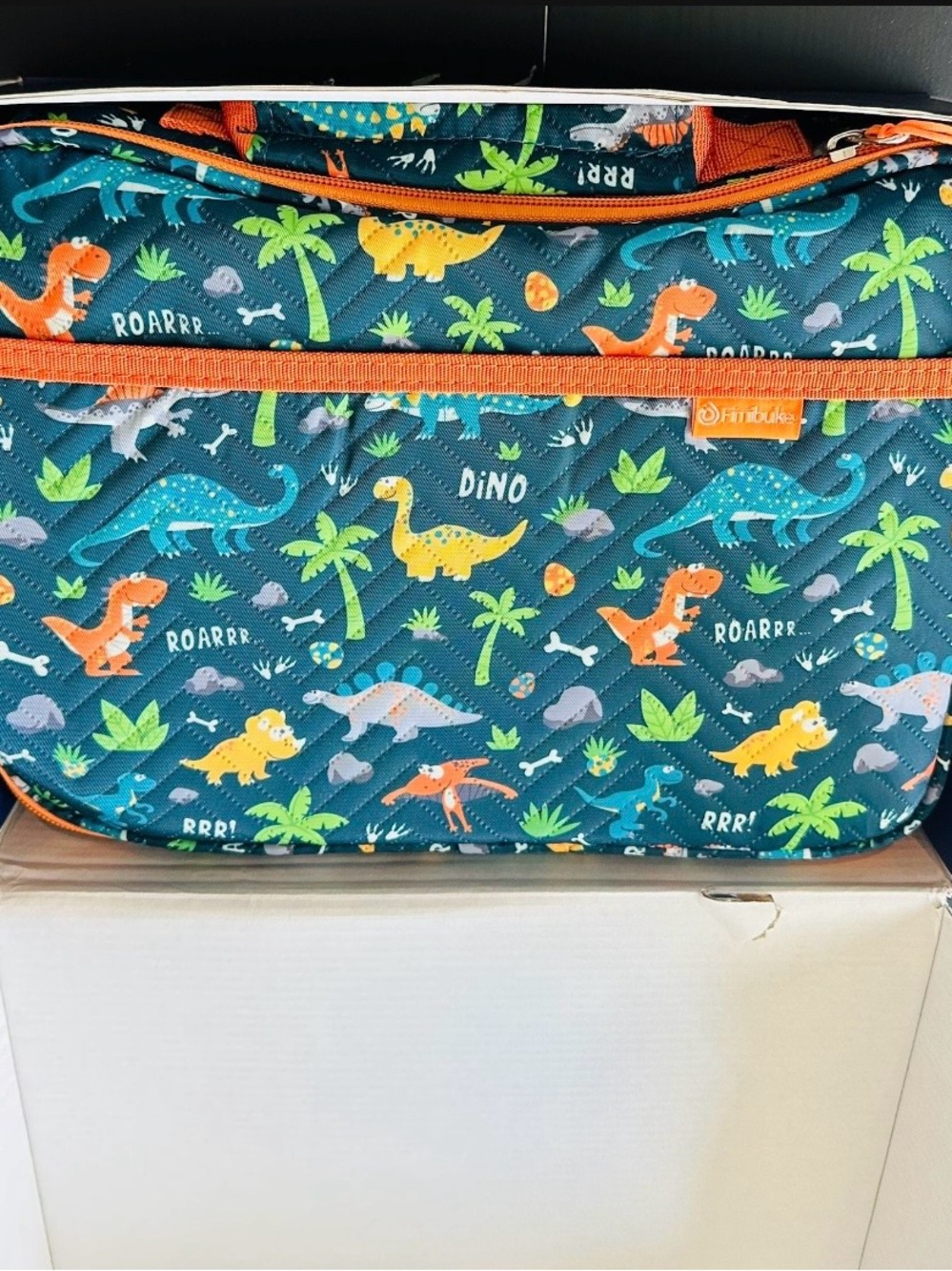 Fimiburke Kids Dino Print Lunch Bag - Teal with Orange Trim